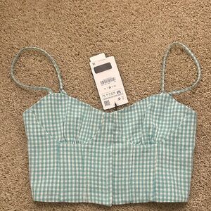 Zara Aqua Blue Green Gingham Crop Top